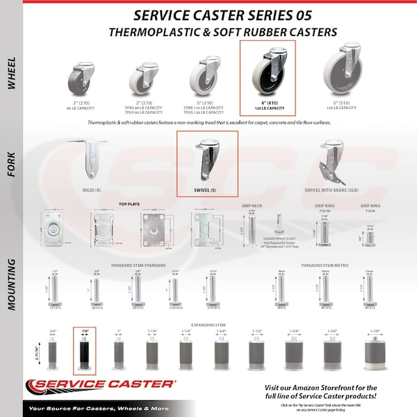 Service Caster 4 Inch Thermoplastic Rubber Wheel 7/8 Inch Expanding Stem Caster SCC, 4PK SCC-EX05S410-TPRS-78-4 - main